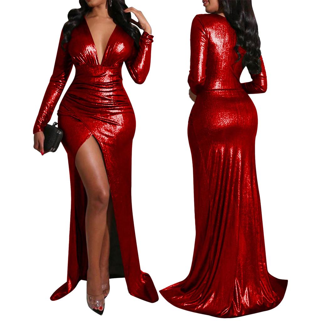 Women Sexy Shiny Metallic Deep V Neck Long Sleeve Ruched High Side Slit Bodycon Maxi Dress Evening Cocktail Party Prom Night Out Formal Gown