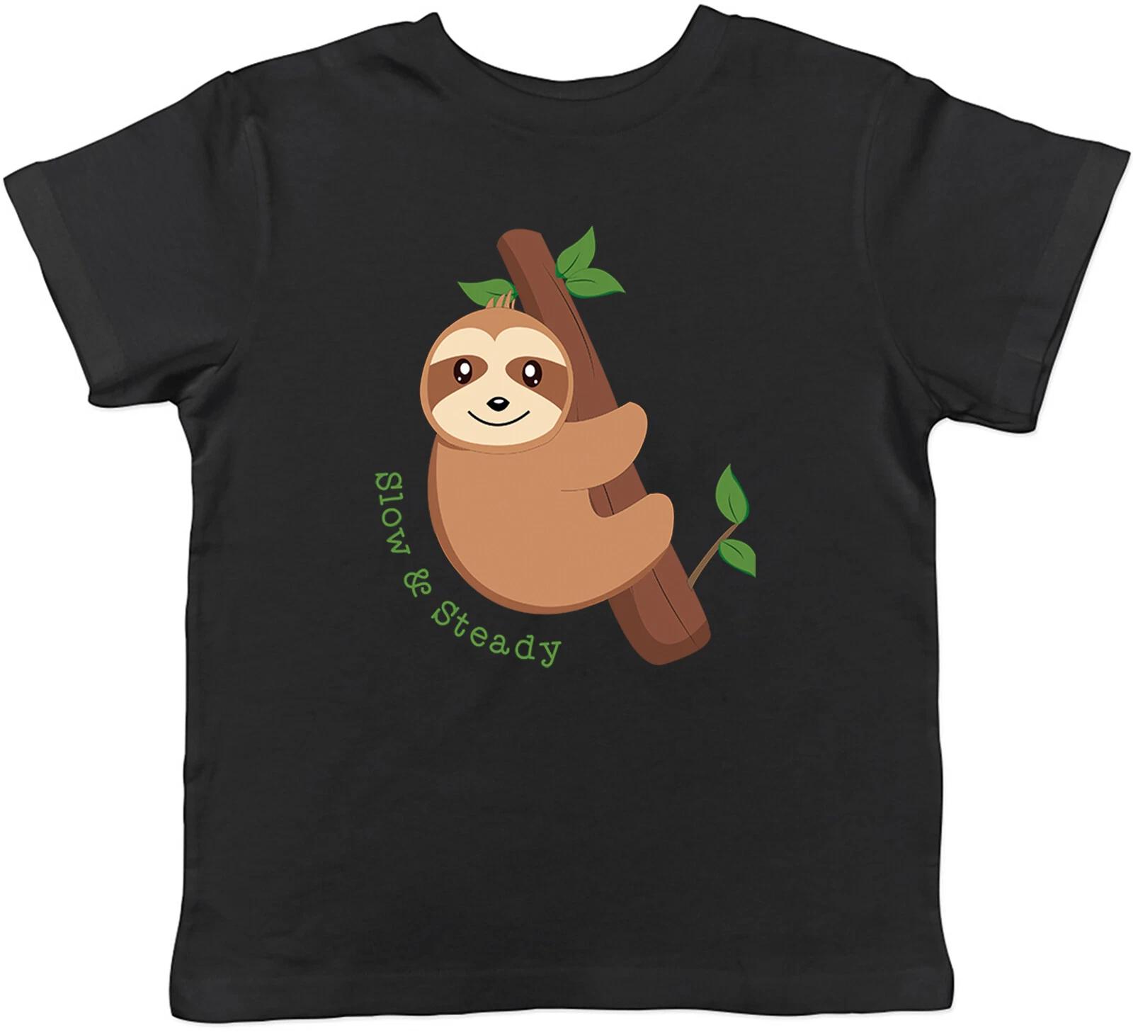 Funny Sloth Kids T-Shirt Slow & Steady Childrens Boys Girls Gift 100