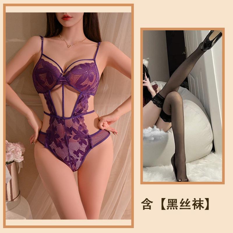 Purple Erotic Underwear, Sexy Lace Hollowed-out Suspenders Show Large Perspective, Free Backless Pajamas, Pure Desire Set
