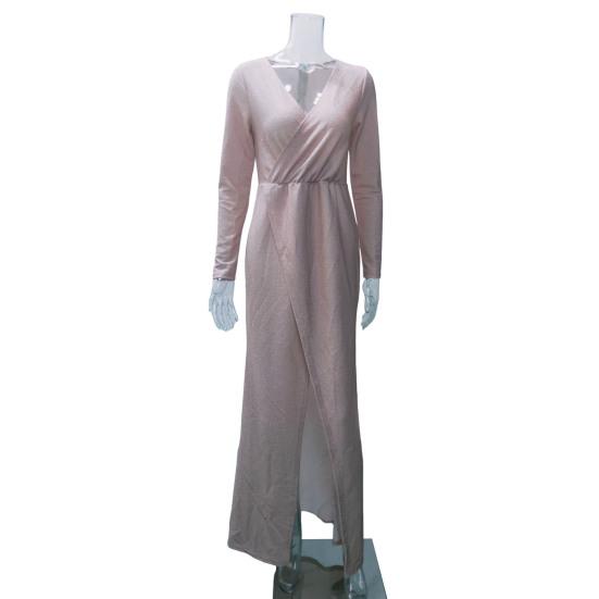 Spring Autumn Women Formal Dress Solid Color Deep V Neck Ruched High Waist