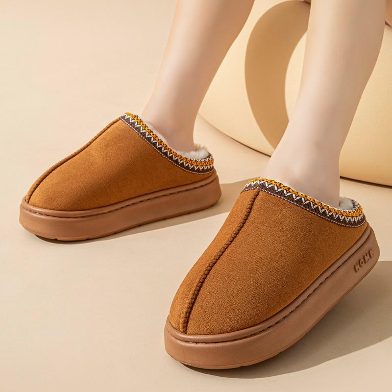 Faux Suede Upper Plush Lining Home Closed Toe Slingback Slides Unisex Solid Color Platform Durable Slippers Flat Casual Slippers