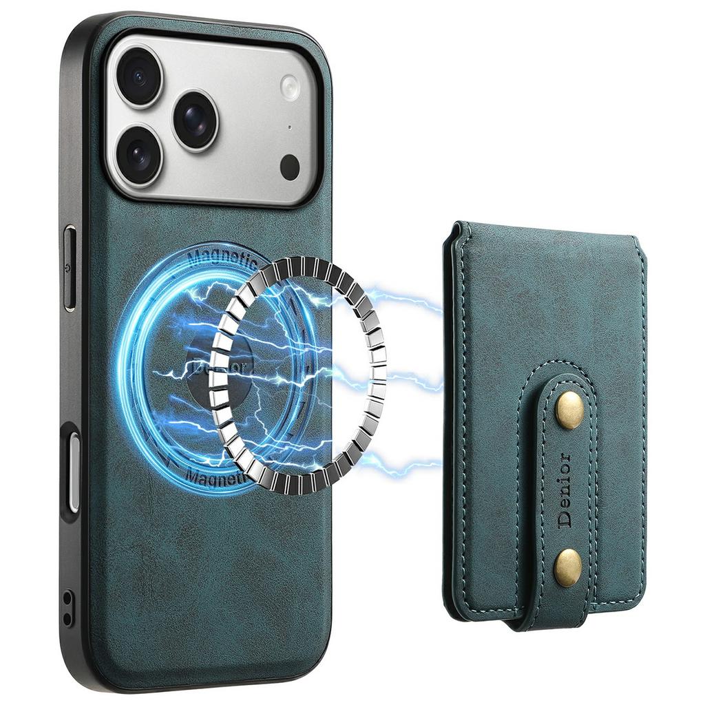 DENIOR D14 For iPhone 17 Pro Max Magnetic Case with Detachable Card Holder Kickstand PU+TPU+PC Phone Cover