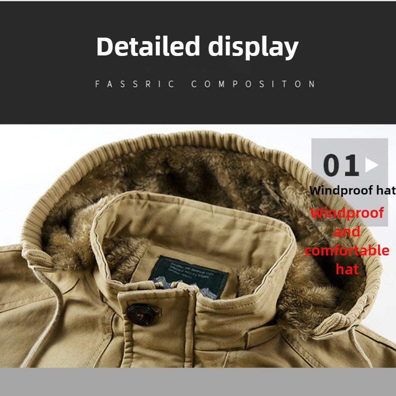 Winter Men's Cotton Coat Plus Velvet and Thickened Coat, Work Jacket, Multi-pocket Hooded Top Coat