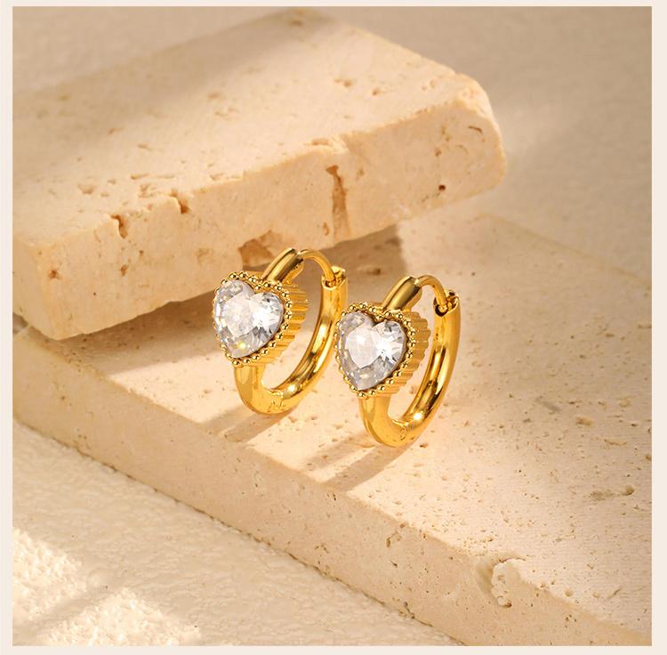 Heart Shape Cubic Zirconia Golden Hoops Earrings Women, Waterproof Stainless Steel Circle Huggies Small Ear Buckle Female Gift