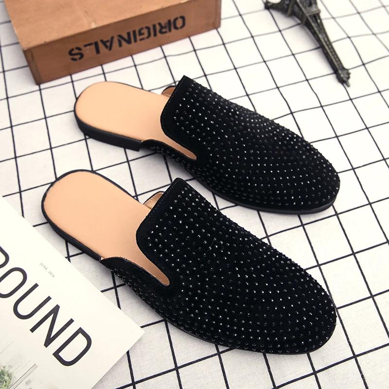 Luxury Glitter Rhinestone Leather Shoes Men Designer Outerwear Mules Casual Slides Slippers Sandals Male Fashion Shoes for Men