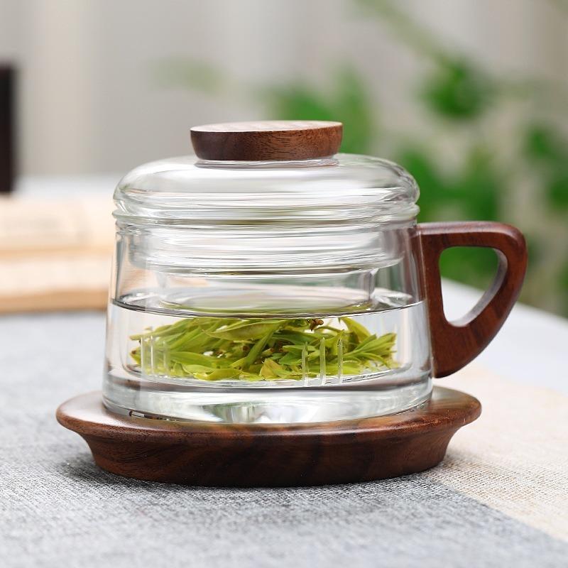 200ml Tea Infuser Cup Heat Resistant Glass Teacup with Filter and Wood Handle Coaster Office Tea Separation Mug Kung Fu Tea Set