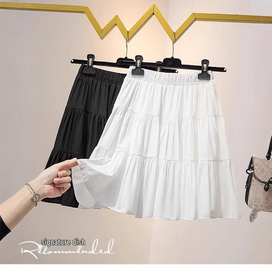 

2025 College Style Black Pleated High-Waist Midi Skirt: Summer A-Line Ruffle Skort XL
