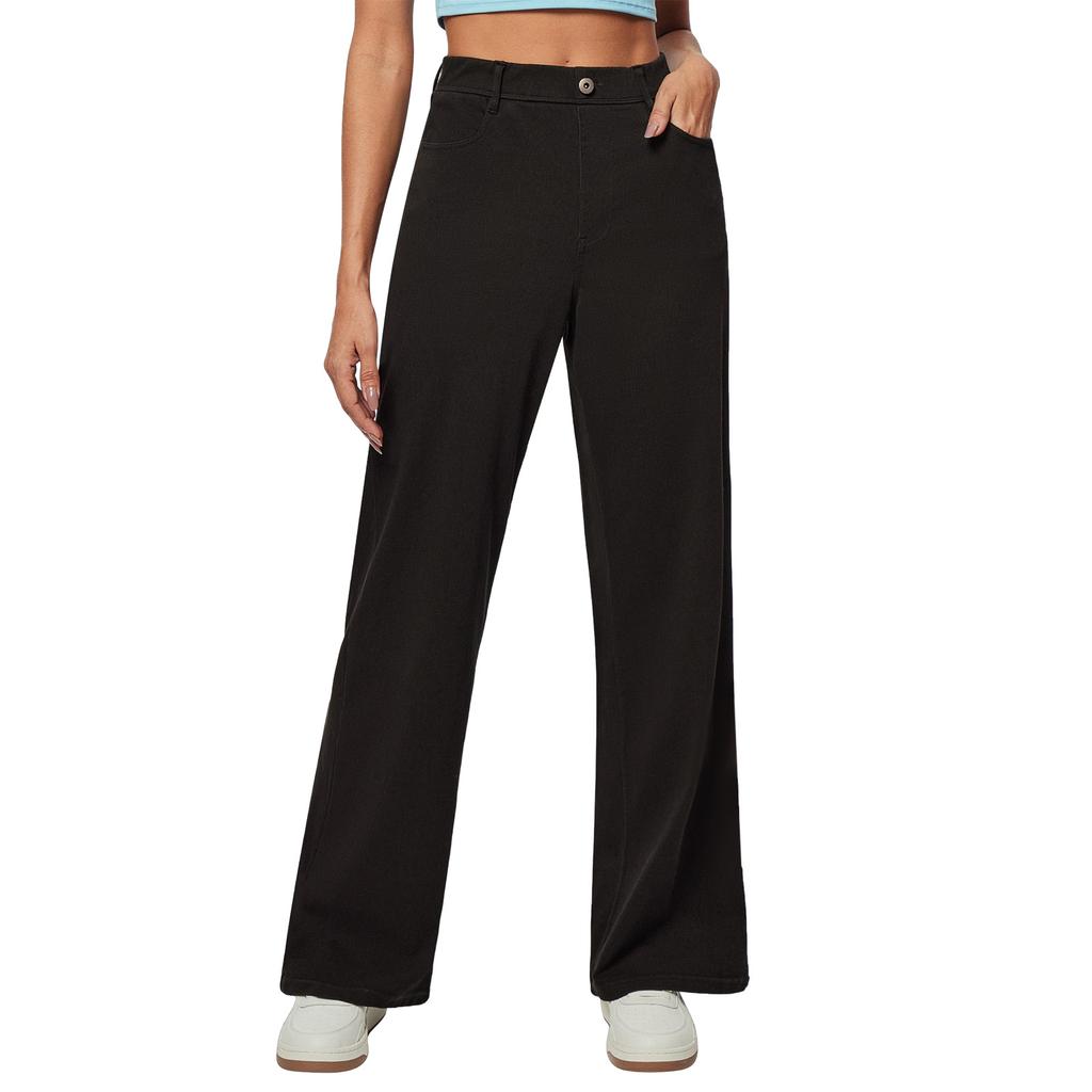 Damen Jeans Lässig Einfarbig Stretch Knopf Gerade Jeans