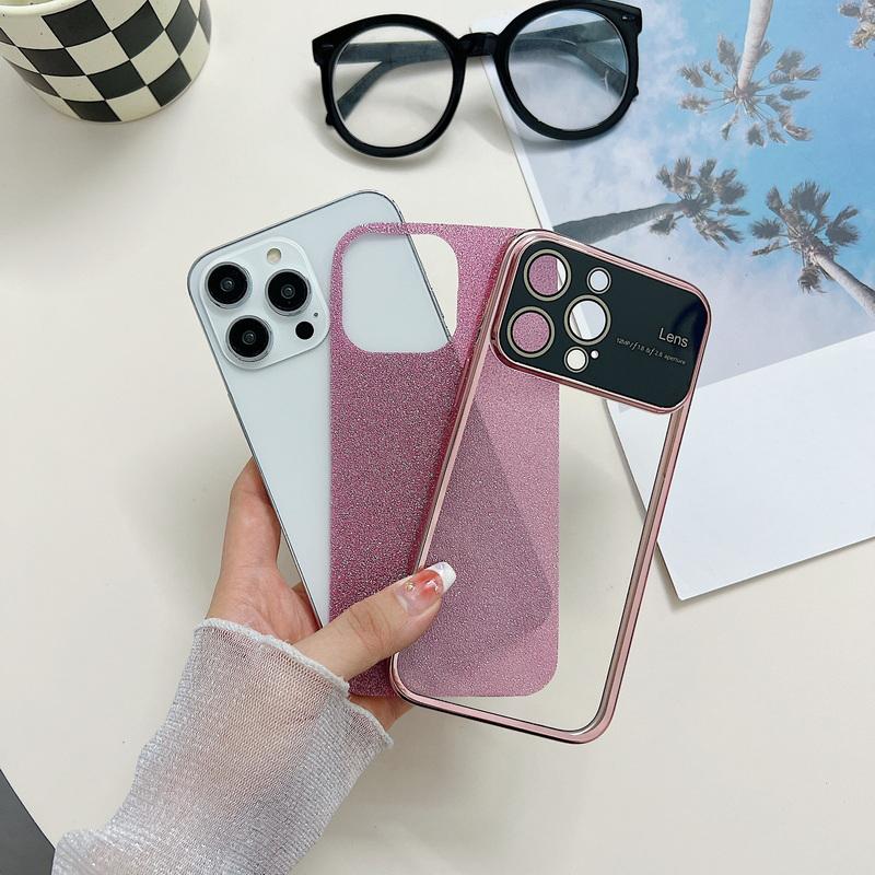 Luxury Glitter Large Window Lens Protective Phone Case For iPhone 15 Pro 15 Plus 15 14 13 12 Pro Max 11 Shockproof Electroplated TPU Back Cover
