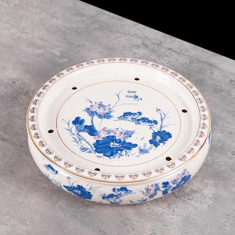 14-inch Ceramic Round Tea Tray for Gongfu Tea, with Double-Layer Water Storage
