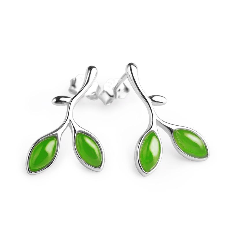 

925 Sterling Silver Hetian Jade Leaf Stud Earrings with Certificate - Green Jasper Bud Design 925 Silver