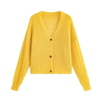 French Sweet Style Hollow Yellow Women's Knitted Cardigan, Spring and Autumn New Lazy Fashion Jacket Loose7052#