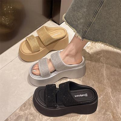 Fashion Summer Rhinestone Wedges Heel Women Slippers Platform Sandals Fashion Peep Toe Height Increasing Slippers Ladies Beach Sandals