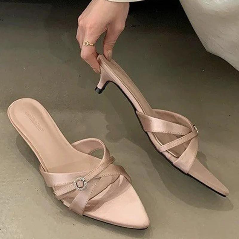 Pointed Toe Women Slippers Elegant Heeled Shoes Summer Dress Fashion Woman Sandals Designer 2025 Trend Brand Cozy Femme Zapatos