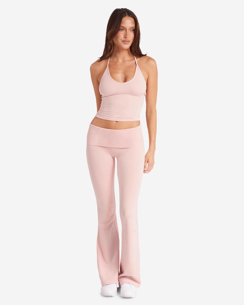 European & American Light Pink Yoga Flare Pants and Halter Sports Top
