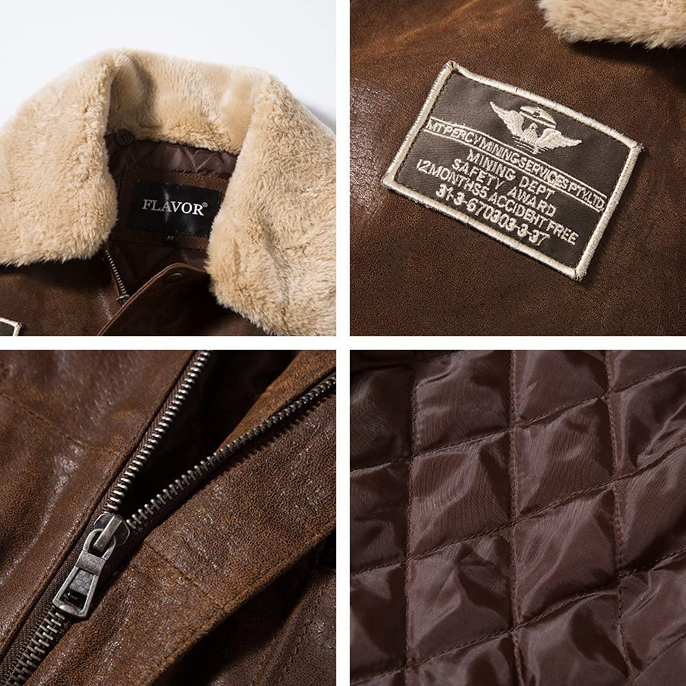 FLAVOR Genuine Leather Bomber Pilot with Detachable Fur Perfect for Fall and Winter Men's Jacket, Style, Collar, (2XL, Brown)