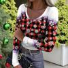 Women's Winter Slim-Fit Base Layer T-Shirt Fashionable Christmas Print V-Neck Pullover Long-Sleeved Top