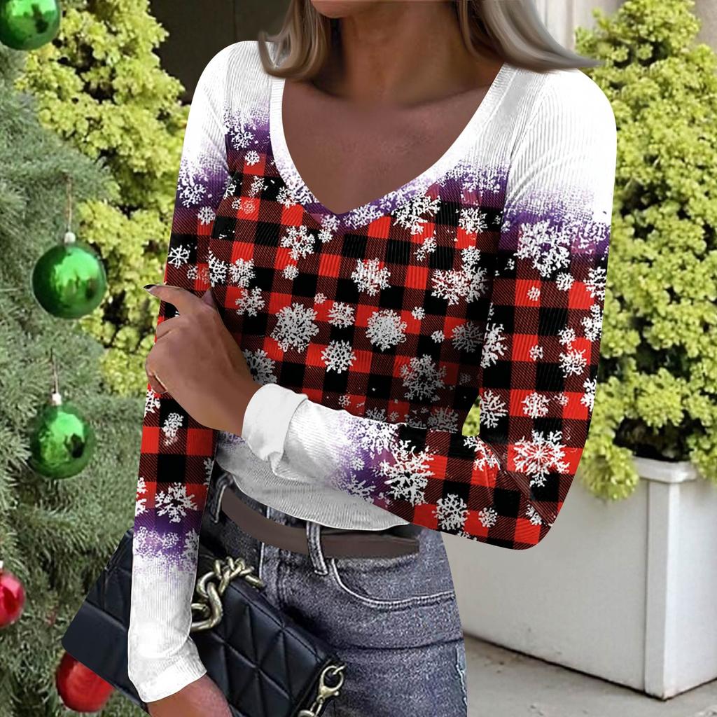 Women's Winter Slim-Fit Base Layer T-Shirt Fashionable Christmas Print V-Neck Pullover Long-Sleeved Top
