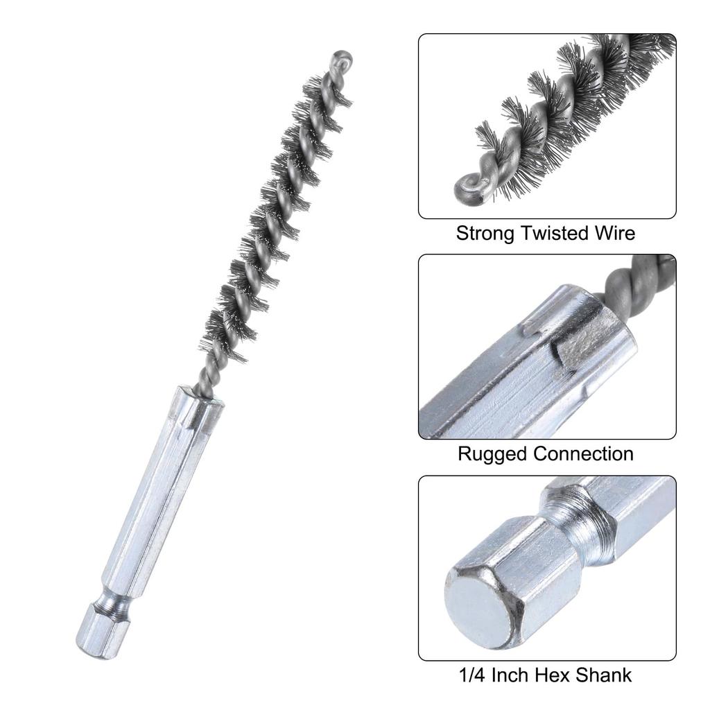 uxcell 304 Stainless Steel Bore 8mm 10cm Twisted Wire Brushes with Handle for Hex for Tube Port Bearings 5-Pack Brushes, Diameter, Long, Cleaning,