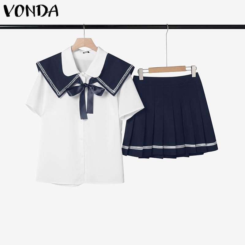 VONDA Two Pieces Women Summer Naval Collar Short Sleeve Preppy Style Tops and Mini Pleated Skirts Sets