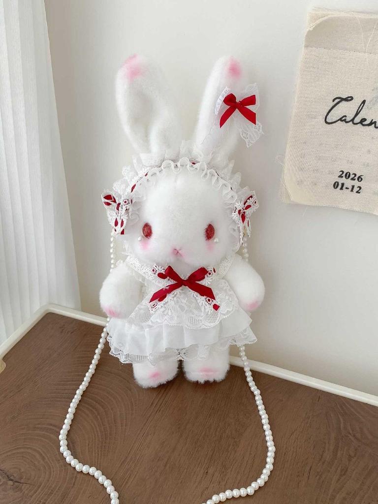 Lolita Plüsch Hasen Tasche mit Schleife, Perlenkette und Herz Design - Süße Girly Umhängetasche