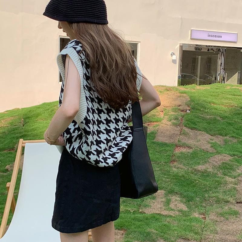 Dame Genser Vest Høst Houndstooth Rutete V-hals Ermeløs Strikket Vintage Løs Oversized Dame Genser Vest Dameklær