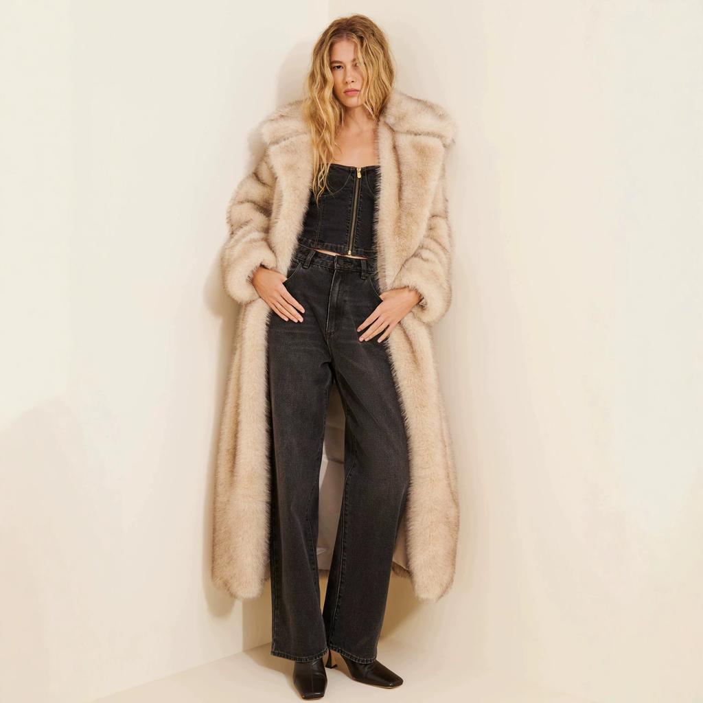 Women Long Faux Fur Coat Lapel Collar Loose Oversized Warm Plush Maxi Jacket Elegant Autumn Luxury Fur Outerwear