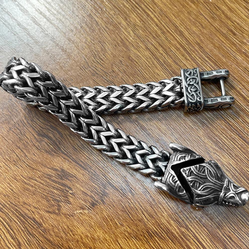 Bracciale Lupo Vichingo Norreno per Uomo Acciaio Inossidabile 12MM Maglia a Rete Bracciali da Uomo Bocca di Lupo Aperta Gioielli Nordici 21/23CM