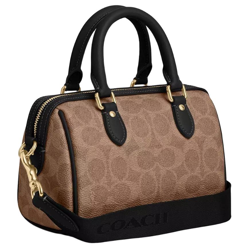 Coach Tan Signature Canvas Mini Boston Duffle Bag with Black Leather Trim & Gold Hardware for Daily Use