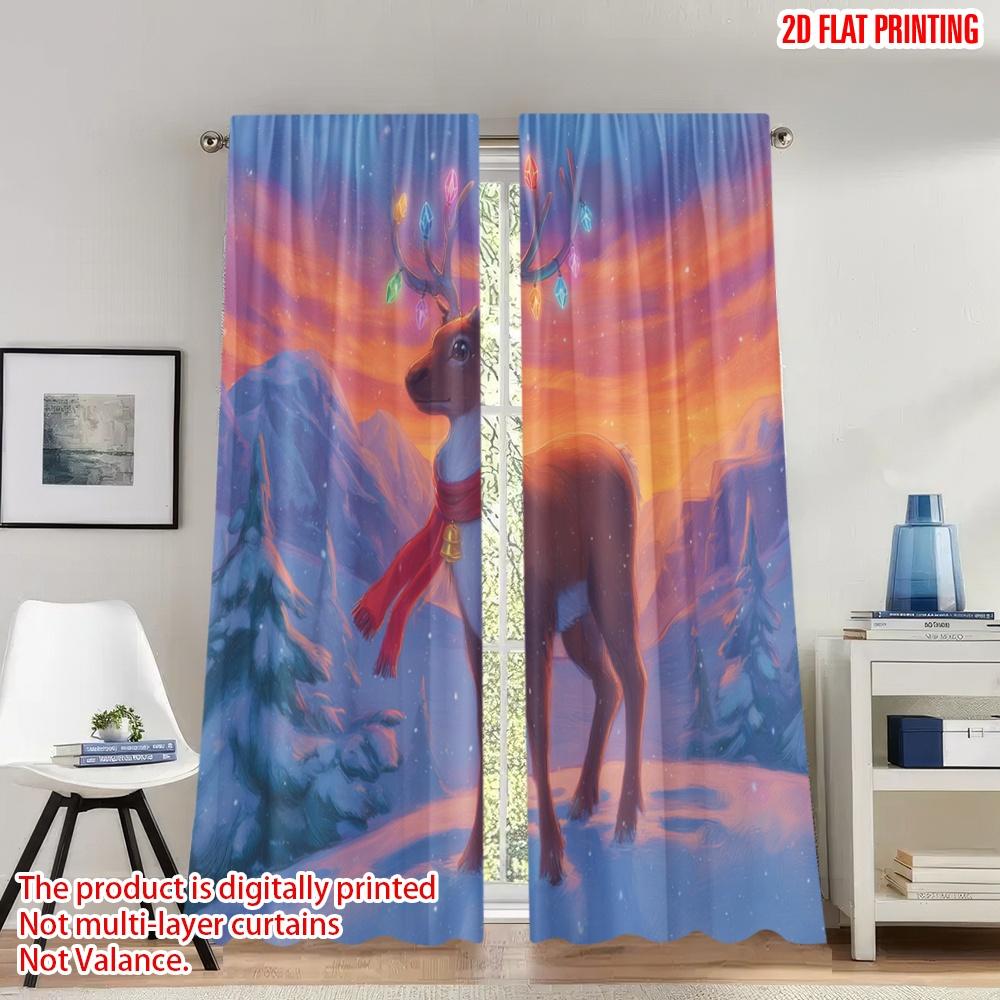

Flat Printing Christmas Hot Party Curtains Reindeer Winter Landscape Digital Printed Polyester Drapes Festive Curtain Set Of 2 Made Washable W100*H70(CM)-Rod Pocket&1PCS