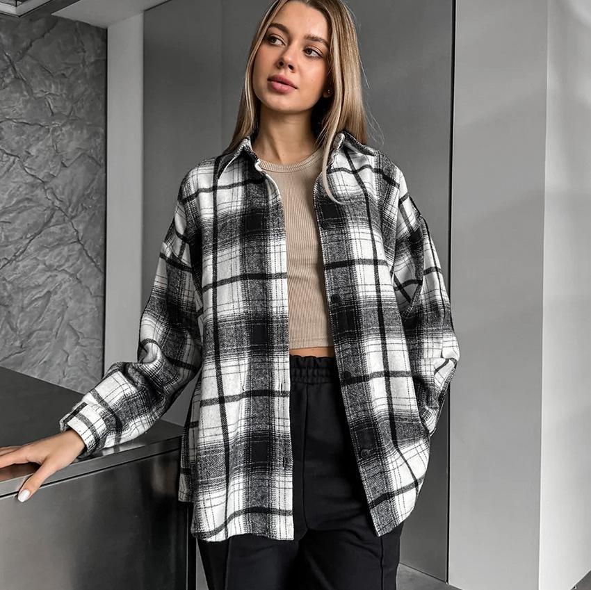 1116 European and American retro style classic loose black and white plaid shirt versatile casual explosion long-sleeved shirt wholesale women