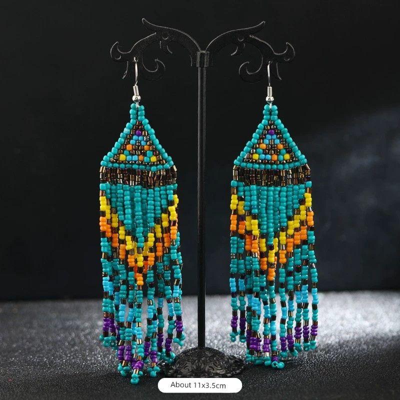 

Hand-Woven Bead European and American Personalized Elegant Earrings for Women Triangular V-Shaped Blue and Green Tassels