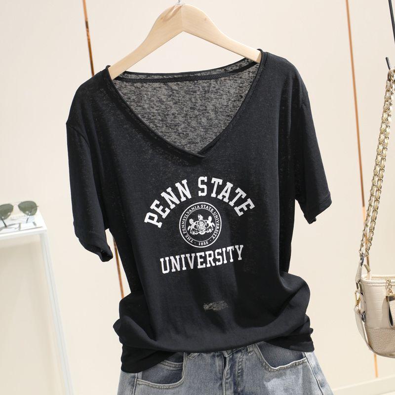 

Топ с V-образным вырезом и большим вырезом в корейском стиле из ледяного шелка и хлопка со снежинками, с принтом букв, летняя женская футболка с коротким рукавом свободного кроя, визуально стройнящая Black All yards