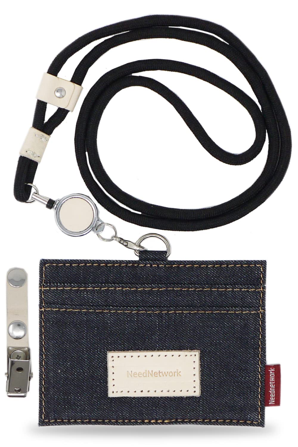 

Japan s proud denim ID card case with retractable reel, neck strap
