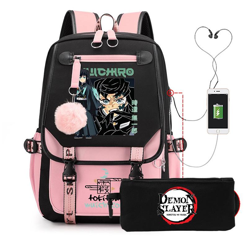 Casual Korean version schoolbag ghost extermination animation two-dimensional trend boys and girls USB backpack two-piece set