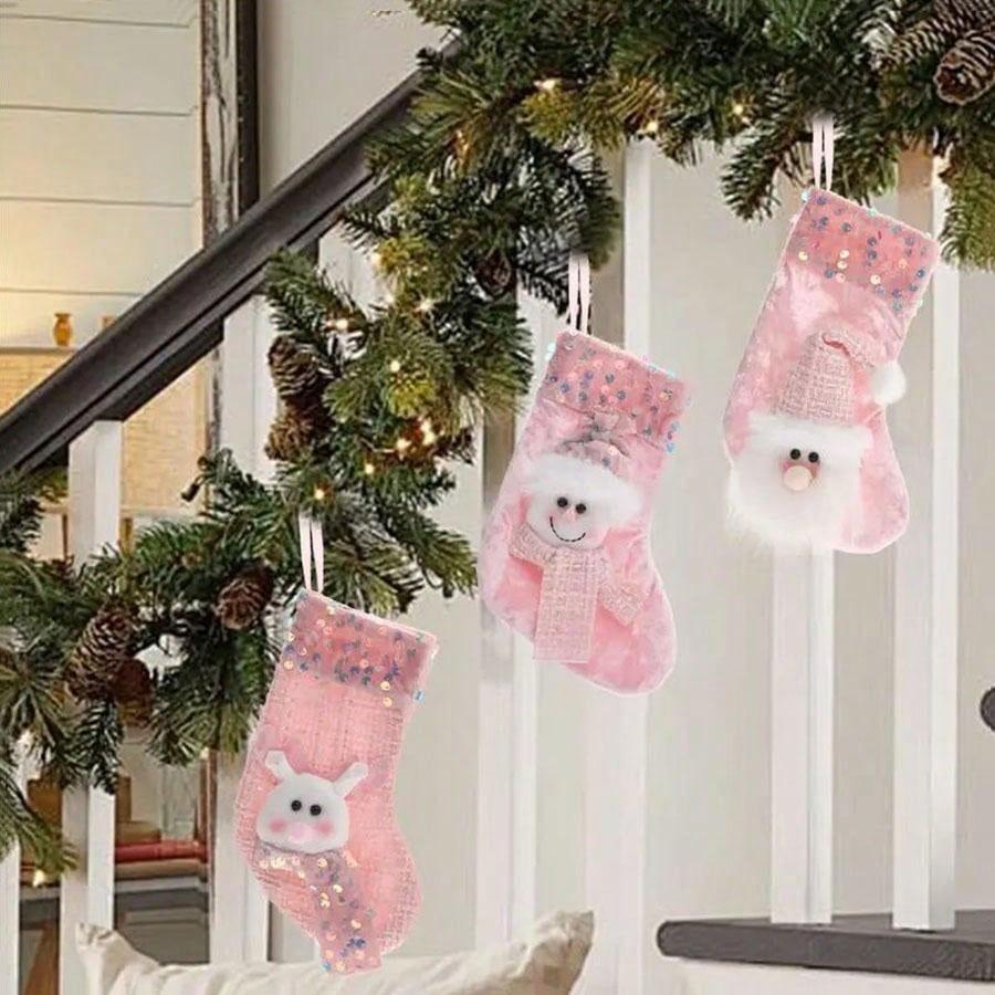 3-Piece Classic Small Pink Christmas Stocking Decoration Set, Featuring Santa Claus, Snowman And Reindeer, Fireplace Ornament.