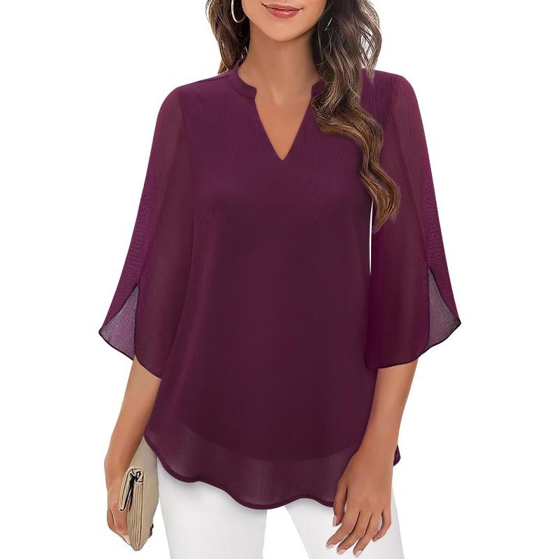 Fashion Loose Casual Summer Chiffon Blouse Women Loose V-neck Shirt Elegant Short Sleeve Solid Color Top Office Ladies Female Basic Women's Clothing