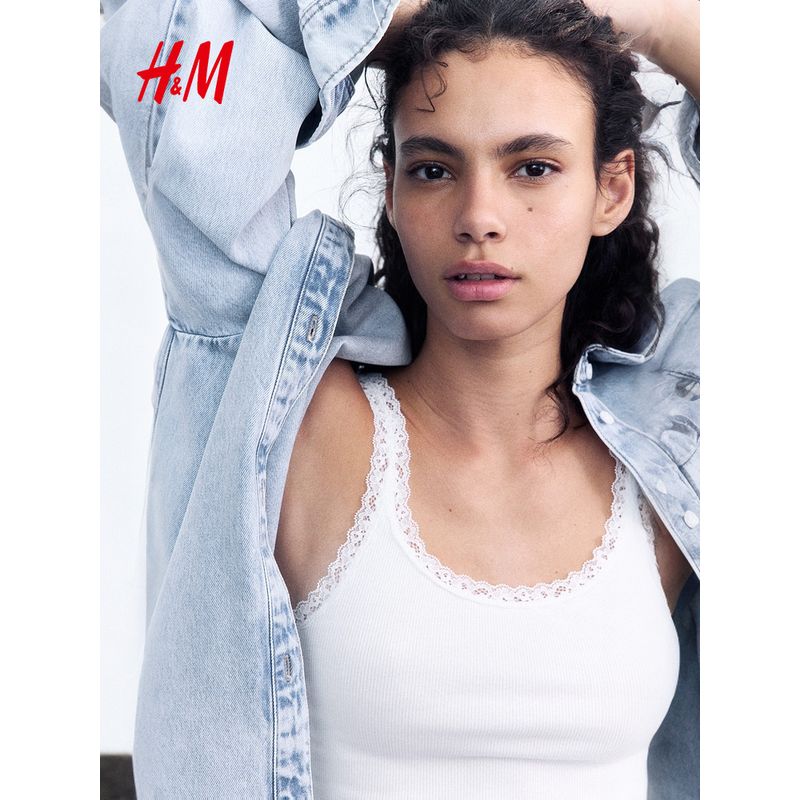 

HM Women clothes Sling 2025 Summer New Low round Neck American Slim fit Lace Edge Sleeveless Vest 1274285 White 155/80(XS)