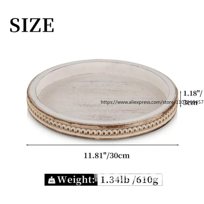 Hanobe Wood Decorative Tray Round White Washed Bead Tray for Coffee Table Rustic Wooden Trays Decor Farmhouse Kitchen Counter