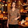 Women's V-Neck Scrub Top with Pockets, Halloween Print, 3/4 Sleeve Side Slit Tunic for Work or Costume