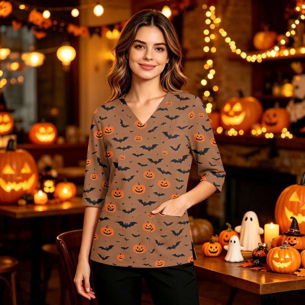 Women's V-Neck Scrub Top with Pockets, Halloween Print, 3/4 Sleeve Side Slit Tunic for Work or Costume