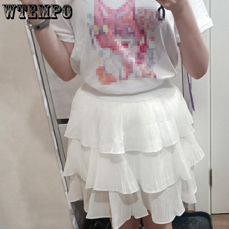 WTEMPO Sommer Frauen Elastische Taille Mini Röcke Damen Chiffon Casual Solide Kuchen Röcke Weibliche Schwarz Weiß Kurzen Plissierten Rock