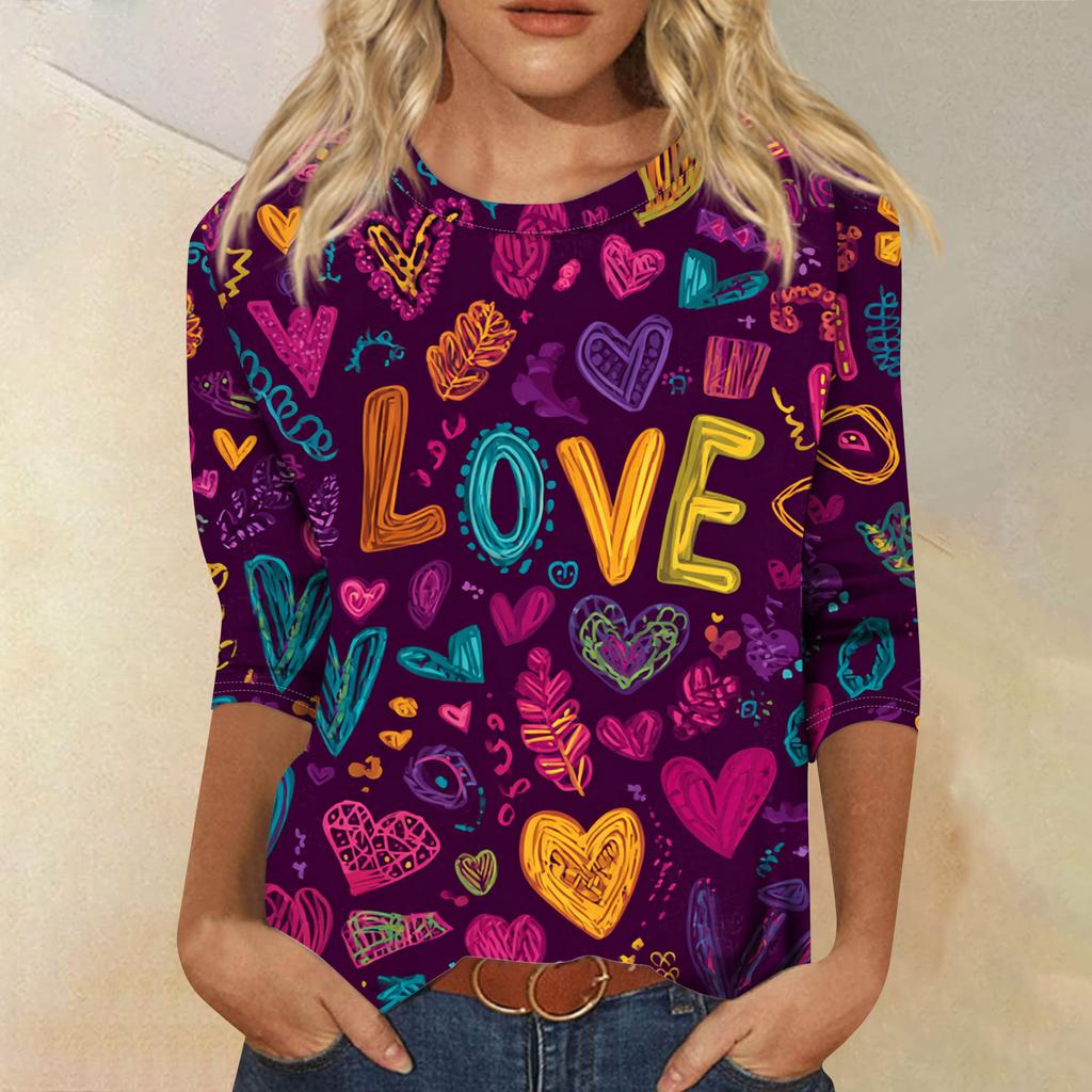Damen Modisches Lässiges Dreiviertelarm Valentinstag-Druck Rundhals Pullover-Oberteil