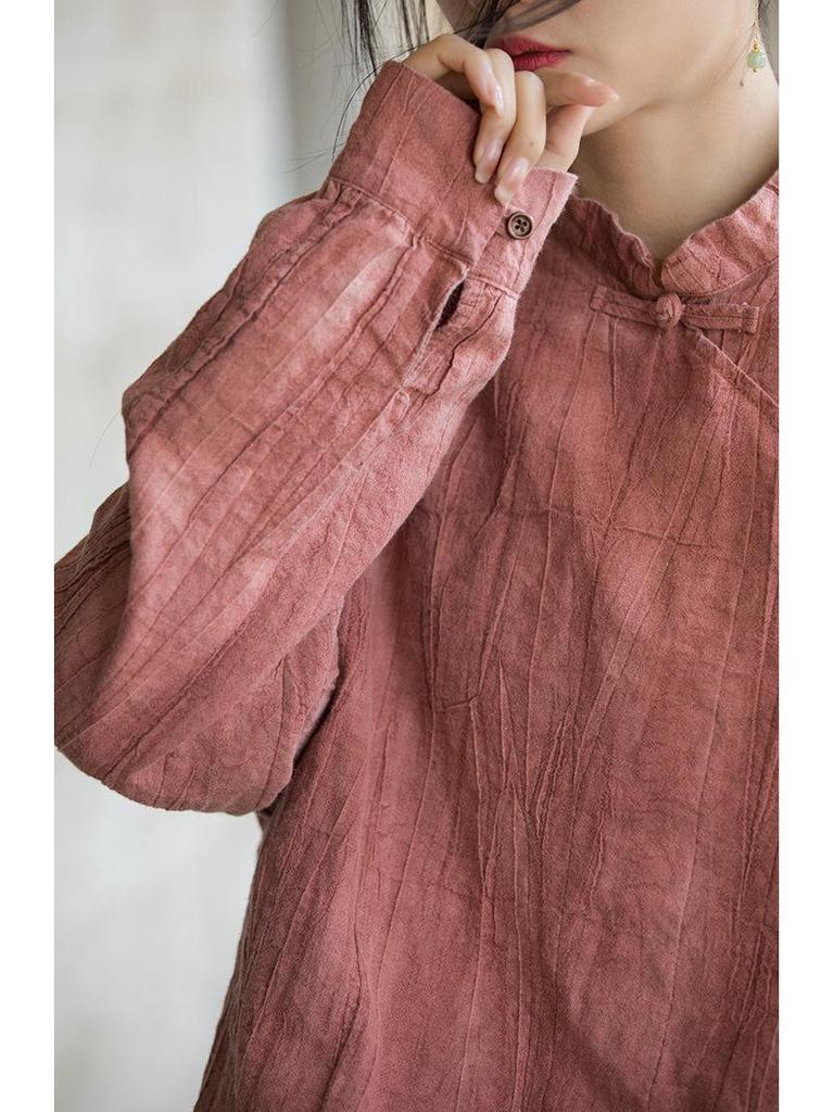 Women's Long-Sleeve Hand-Dyed Ramie Cotton Top with Button Accents - Spring Sun Protection