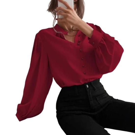 Women Shirt Stand Collar Puff Long Sleeve Buttons Placket Shirt Tops Pure Color Loose