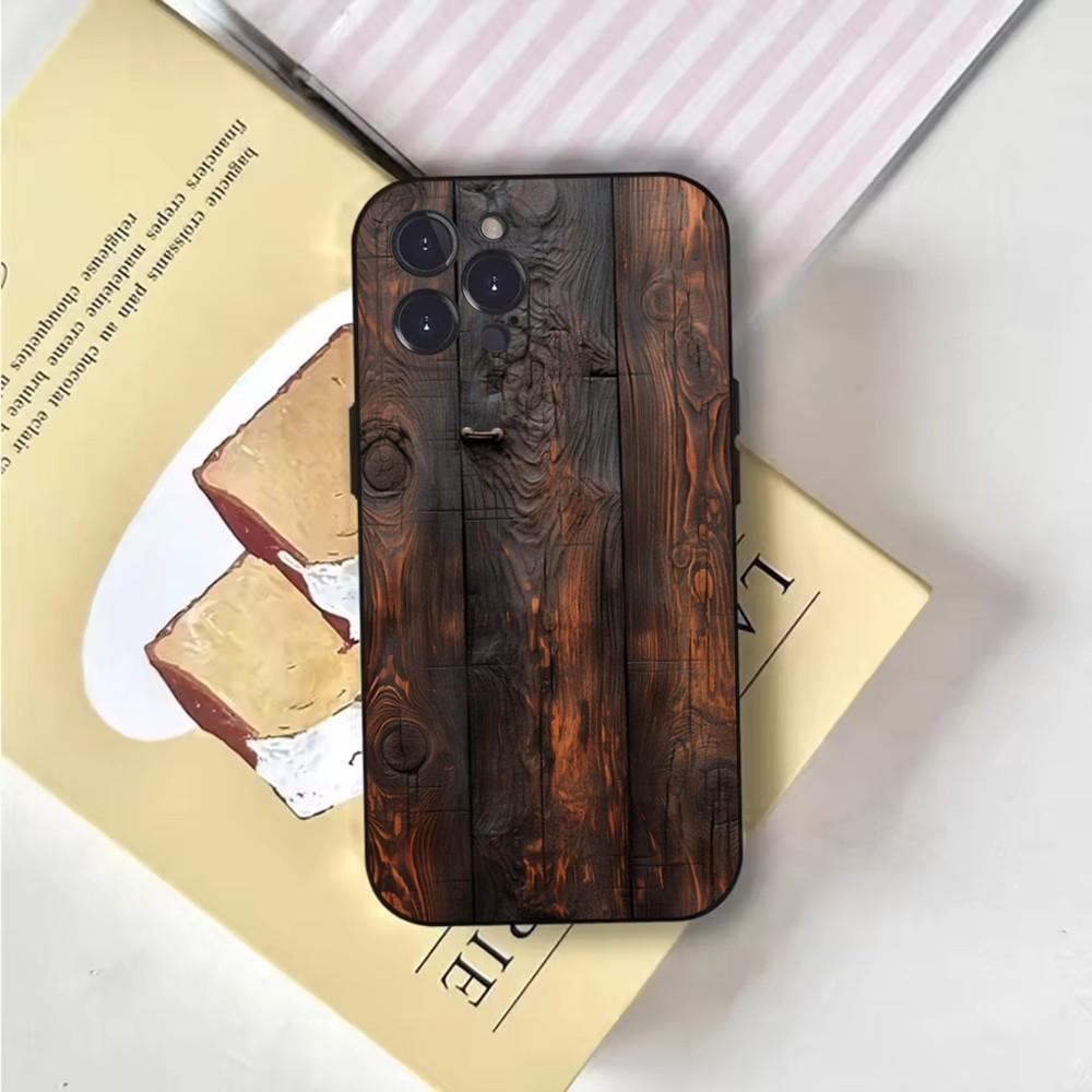 Natural Wood Phone Case For iPhone 16,15,14,13,12,11,Pro,X,XS,Max,XR,Plus,Mini Soft Black Cover