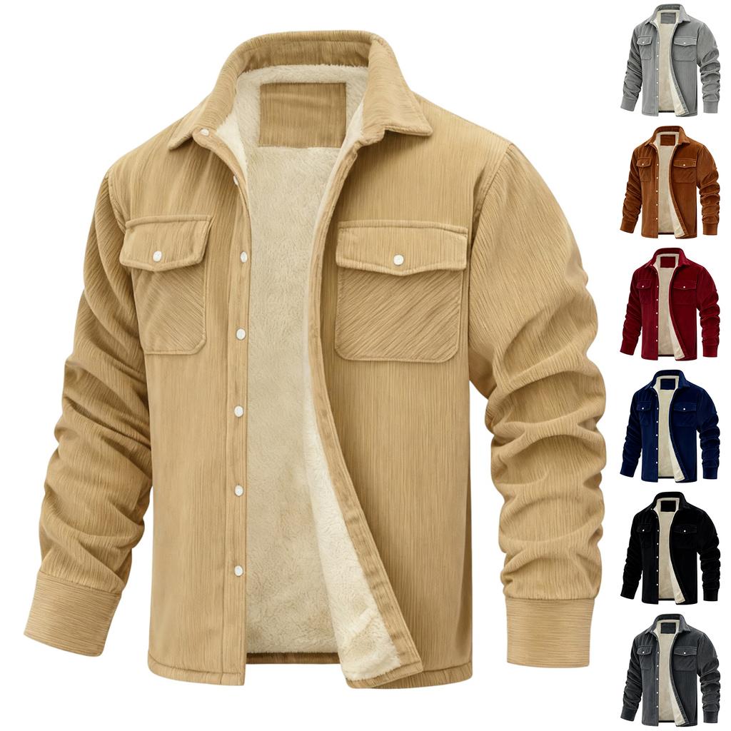 Men's Long-Sleeve Corduroy Jacket With Lapel, Pockets & Single-Breasted Design | Fleece-Lined For Warmth, Fashionable & Casual