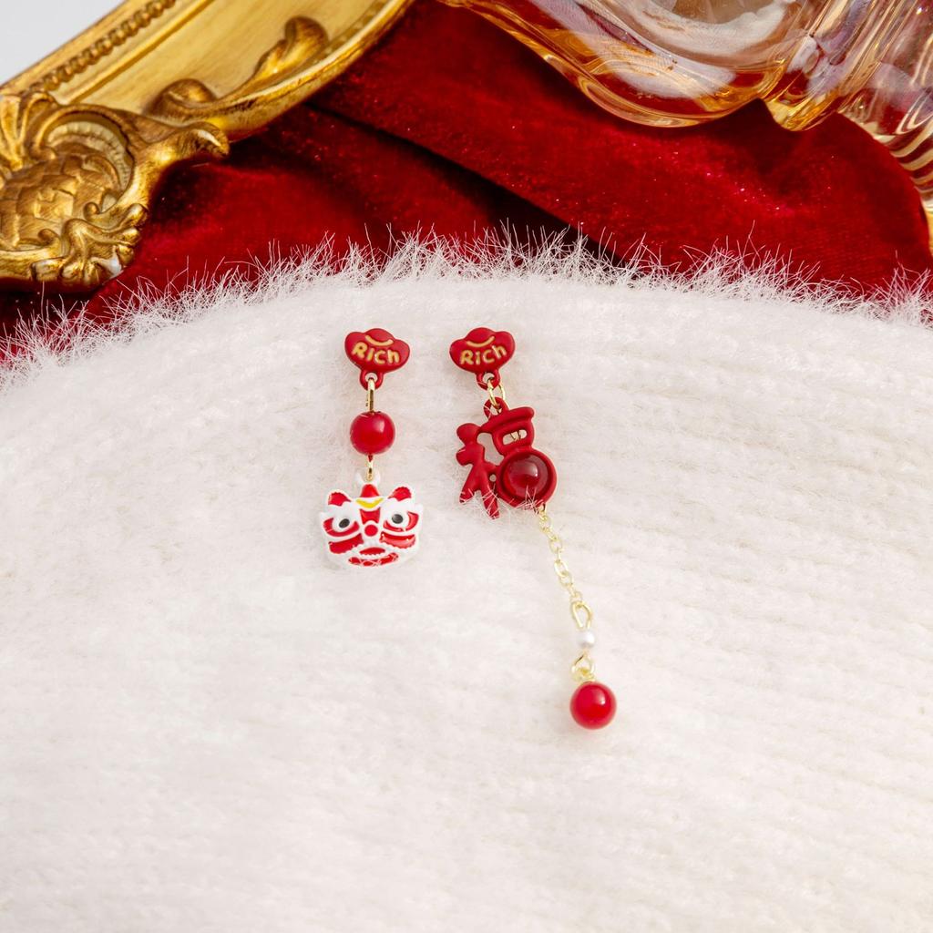 Red Festive Lion Pearl Earrings, National Style Asymmetrical Ingot Blessing Character Fringed Stud Earrings Female