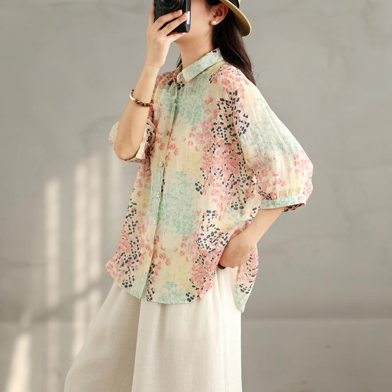 Dimanaf 2025 Women Summer Shirts Plus Size Buttons Cardigan Linen Printing Loose New Tops Tees