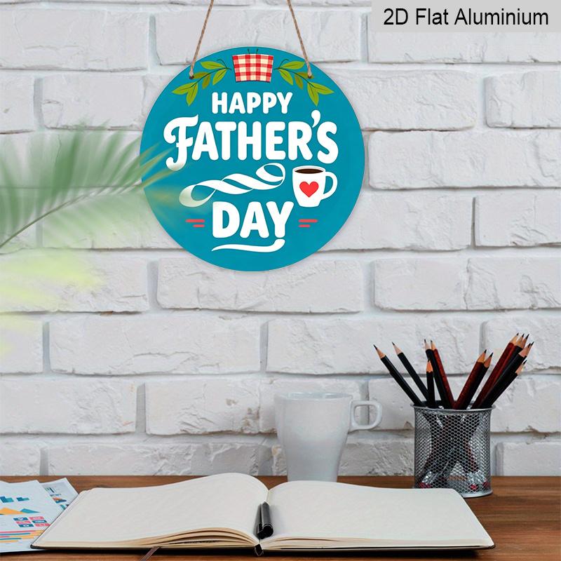 2D Flat, 1pc Round Aluminum "Happy Father's Day" Wall Decor, Retro Coffee & Plaid Pattern Metal Plaque, Waterproof & Rustproof, Perfect for Father's